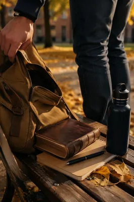 Bible in Backpack on Autumn Campus