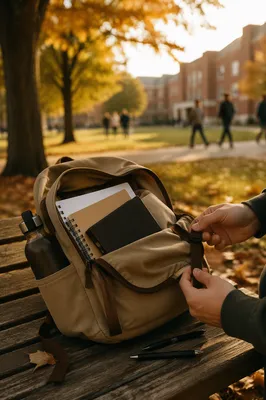 Bible in Backpack on Autumn Campus