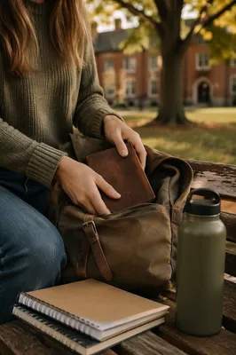 Student Packing Bible on Campus Bench
