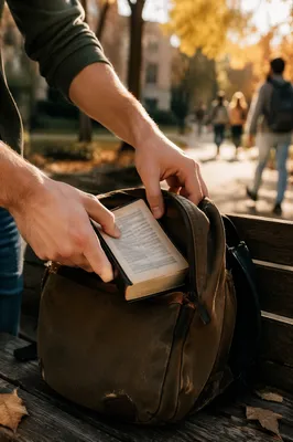 Bible in Backpack on Autumn Campus