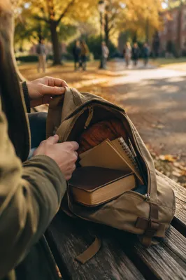 Bible in Backpack on Autumn Campus