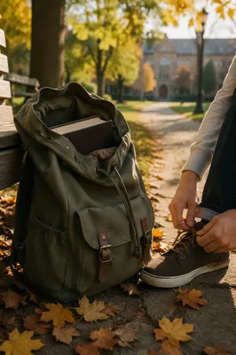 Bible in Backpack on Autumn Campus