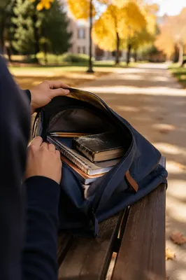 Bible in Backpack on Autumn Campus