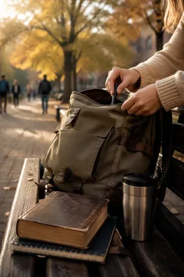Bible in Backpack on Campus Bench