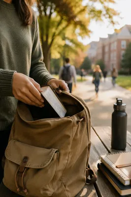 Student Tucking Bible Into Campus Backpack