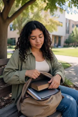 College Student Opening Backpack on Campus Bench