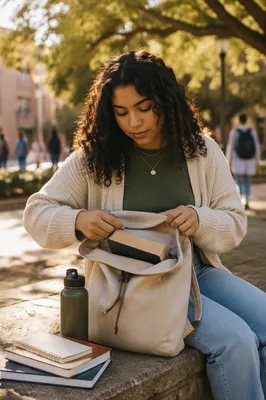 College Student Opening Backpack on Campus