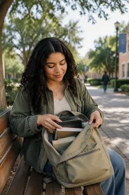 Student Opening Backpack on Campus Bench
