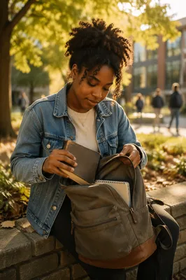 Student Opening Backpack on Autumn Campus