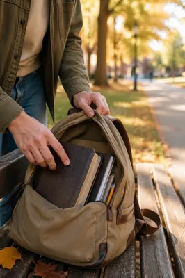 Bible in Backpack on Autumn Campus Bench