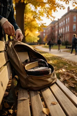Bible in Backpack on Autumn Campus