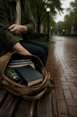 Bible in Backpack on Rainy Campus Morning
