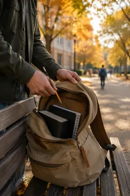 Bible in Backpack on Autumn Campus