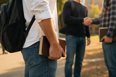 Student Carrying Bible on Campus