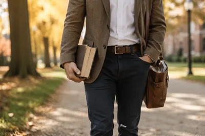 Campus Student Carrying Bible on Autumn Path