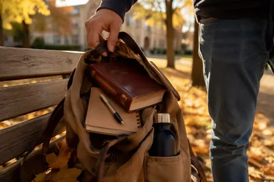 Bible in Backpack on Autumn Campus