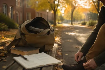 Bible in Backpack on Autumn Campus