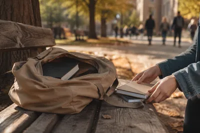 Bible in Backpack on Autumn Campus