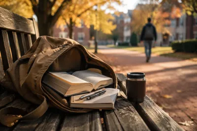 Bible in Backpack on Autumn Campus