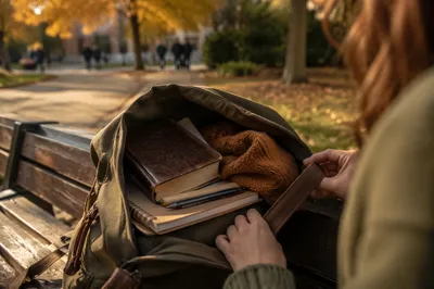 Bible in Backpack on Autumn Campus
