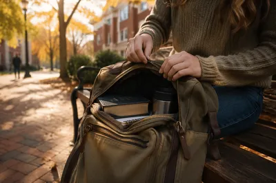 Bible in Backpack on Autumn Campus