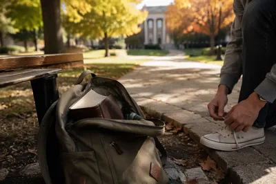 Bible in Backpack on Autumn Campus