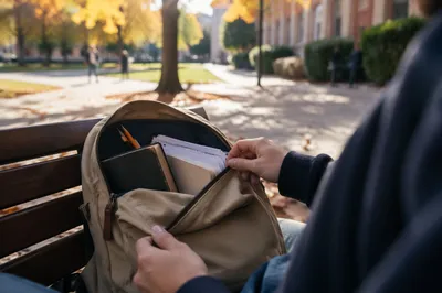 Bible in Backpack on Autumn Campus Bench