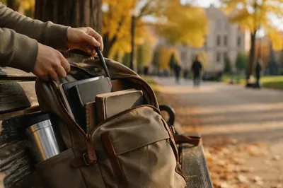Bible in Backpack on Campus Bench