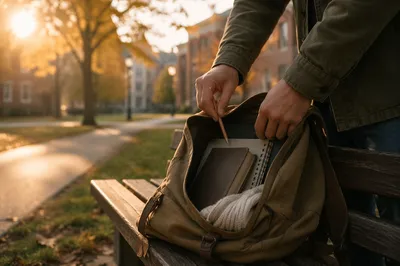 Bible in Backpack on Autumn Campus