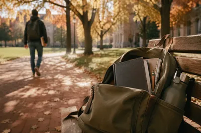 Bible in Backpack on Autumn Campus