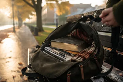 Campus Backpack with Bible on Autumn Bench