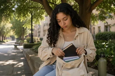 Student Opening Bible from Backpack Outdoors