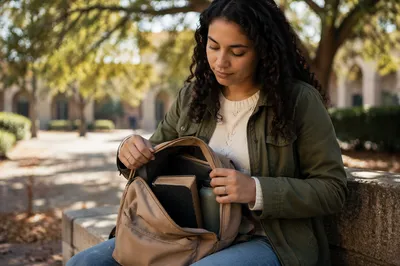 Student Opening Backpack on Quiet Campus Bench