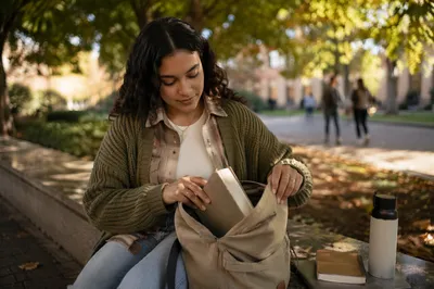 College Student Opening Backpack on Campus