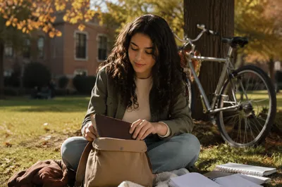 College Student Opening Bible on Campus Lawn