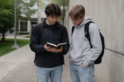 Students Sharing a Bible on Campus