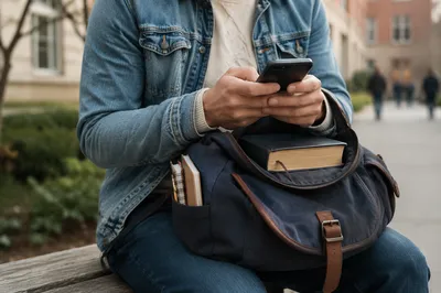 Student Backpack Bible on Campus Bench