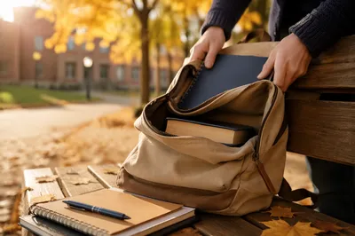 Bible in Backpack on Autumn Campus