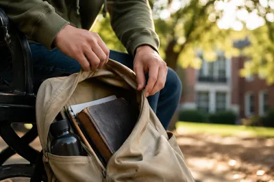 Bible in Backpack on Campus Bench