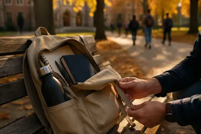 Bible in Backpack on Autumn Campus