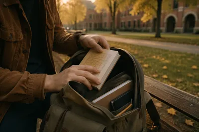 Student Tucking Bible Into Campus Backpack