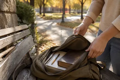 Bible in Backpack on Autumn Campus Bench