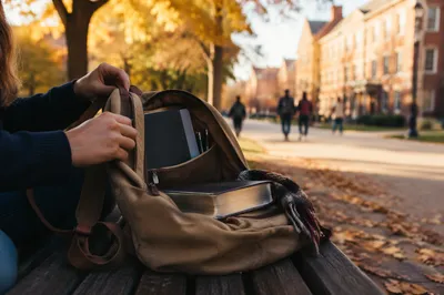Bible in Campus Backpack at Autumn Bench