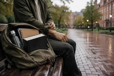 Bible in Backpack on Rainy Campus Morning
