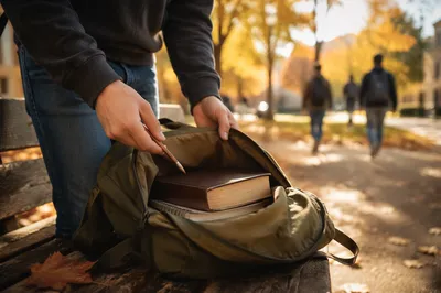 Bible in Backpack on Autumn Campus