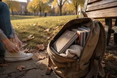 Bible in Backpack on Autumn Campus