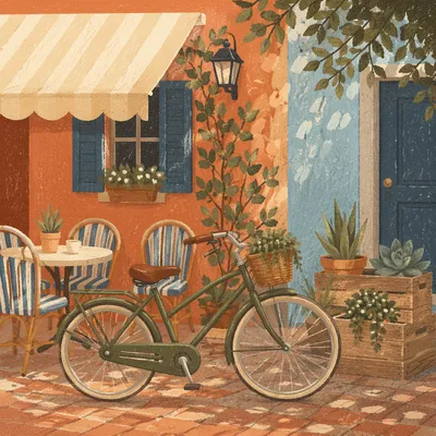 Sunny Cafe Morning with Vintage Bicycle