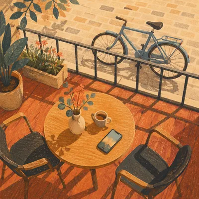 Sunny Cafe Terrace With Parked Bicycle