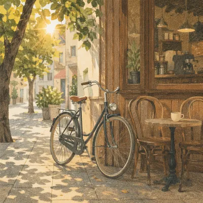 Sunny Morning Bicycle Outside Neighborhood Cafe