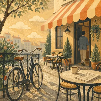 Sunny Morning Bicycle Outside Neighborhood Cafe